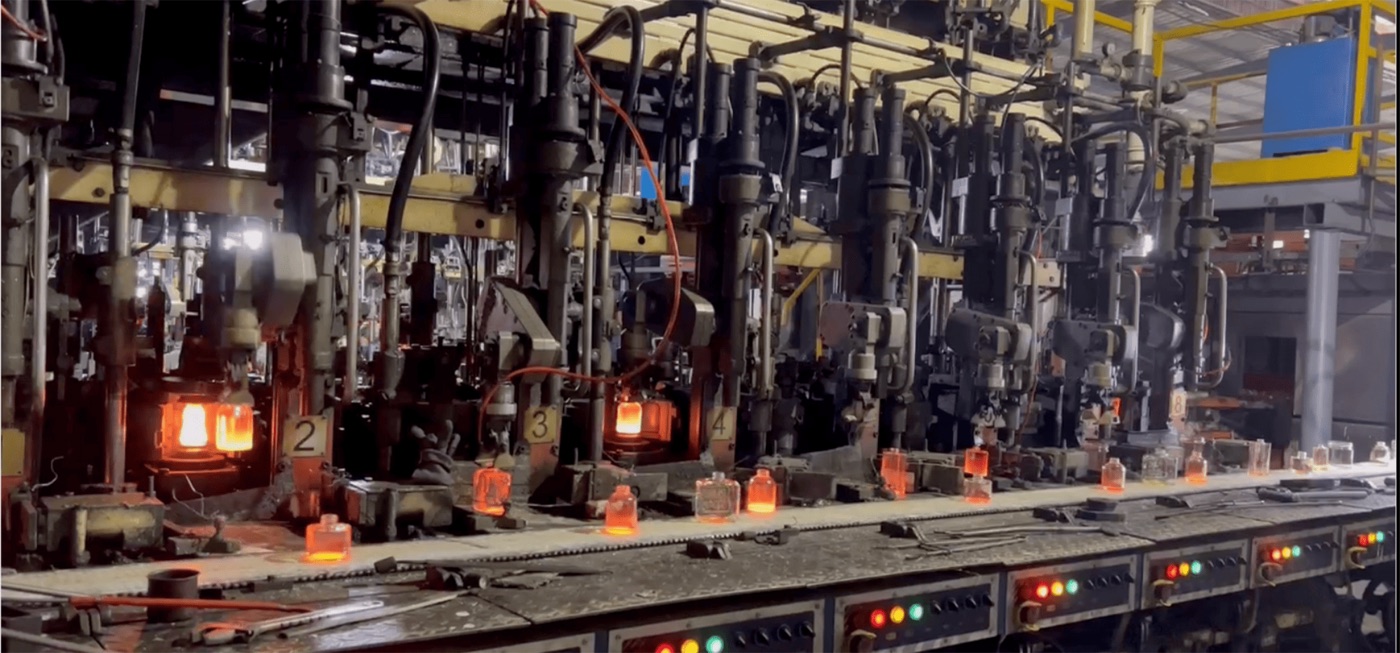 IS forming line with red-hot glass bottles at SGSBOTTLE's Xuzhou factory