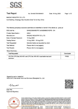 SGS test report on glass jars — US FDA CPG leachable lead and cadmium, result pass